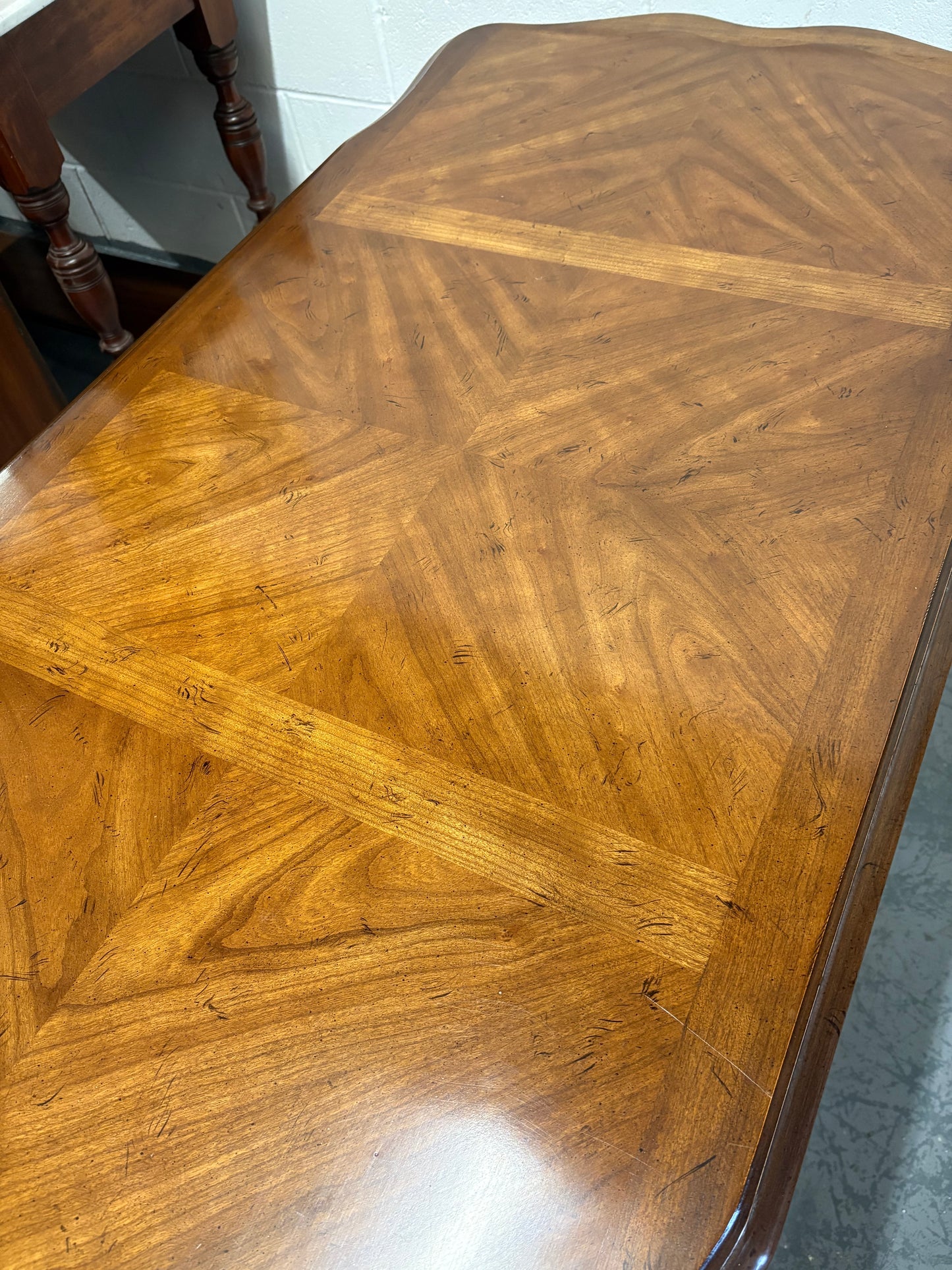 Vintage French walnut console table parquetry top & three drawers brass handles