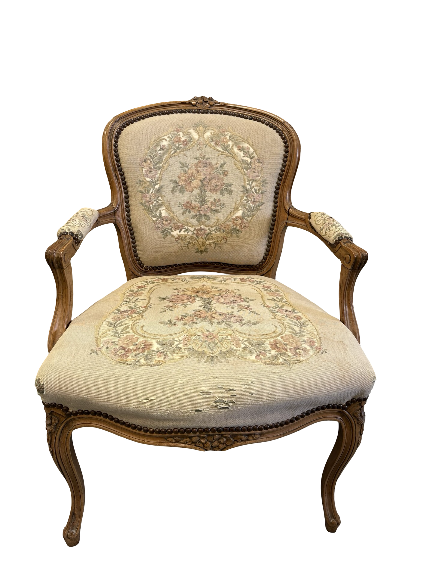 A French Louis Style Carved shabby tapestry vintage occasional bedroom chair