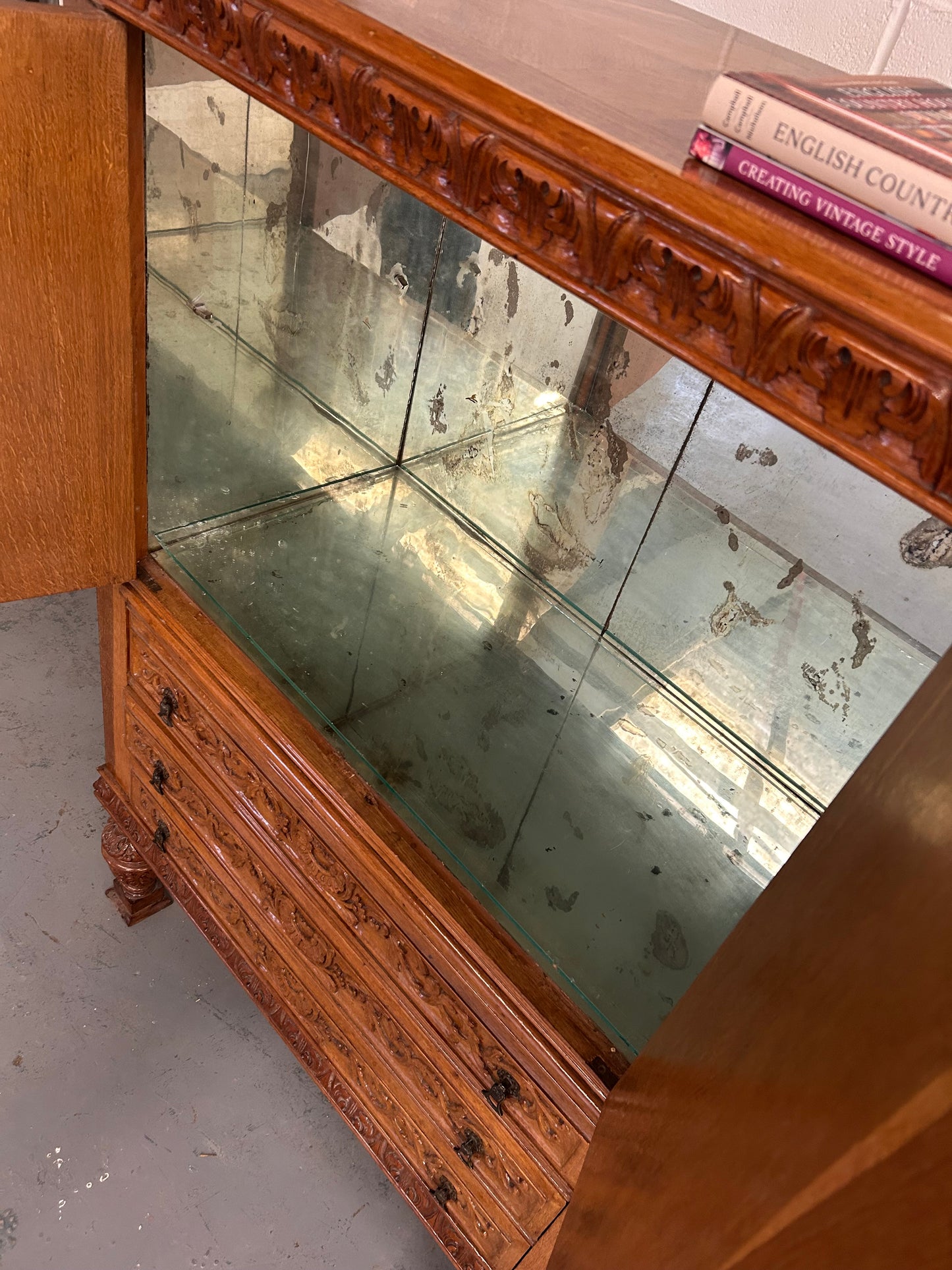 Big Vintage French Drinks cabinet with 3 drawers and mercury mirror lined cupboard