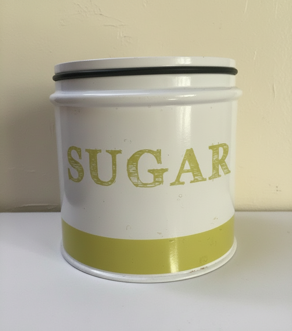 Set up three Vintage metal tins tea, coffee, sugar and pale green and white ￼