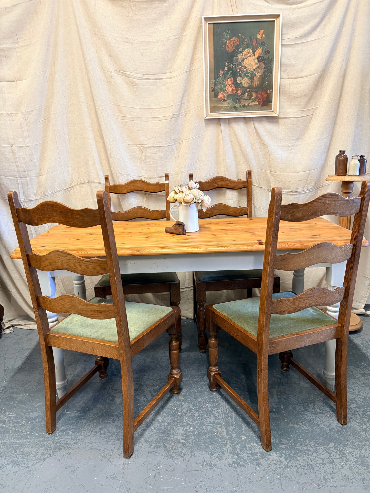 Vintage Victorian style part painted pine farmhouse kitchen dining table