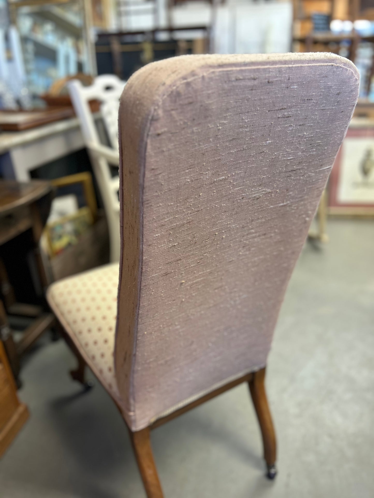 Beautiful Victorian walnut wood dusky pink chair with castors great condition