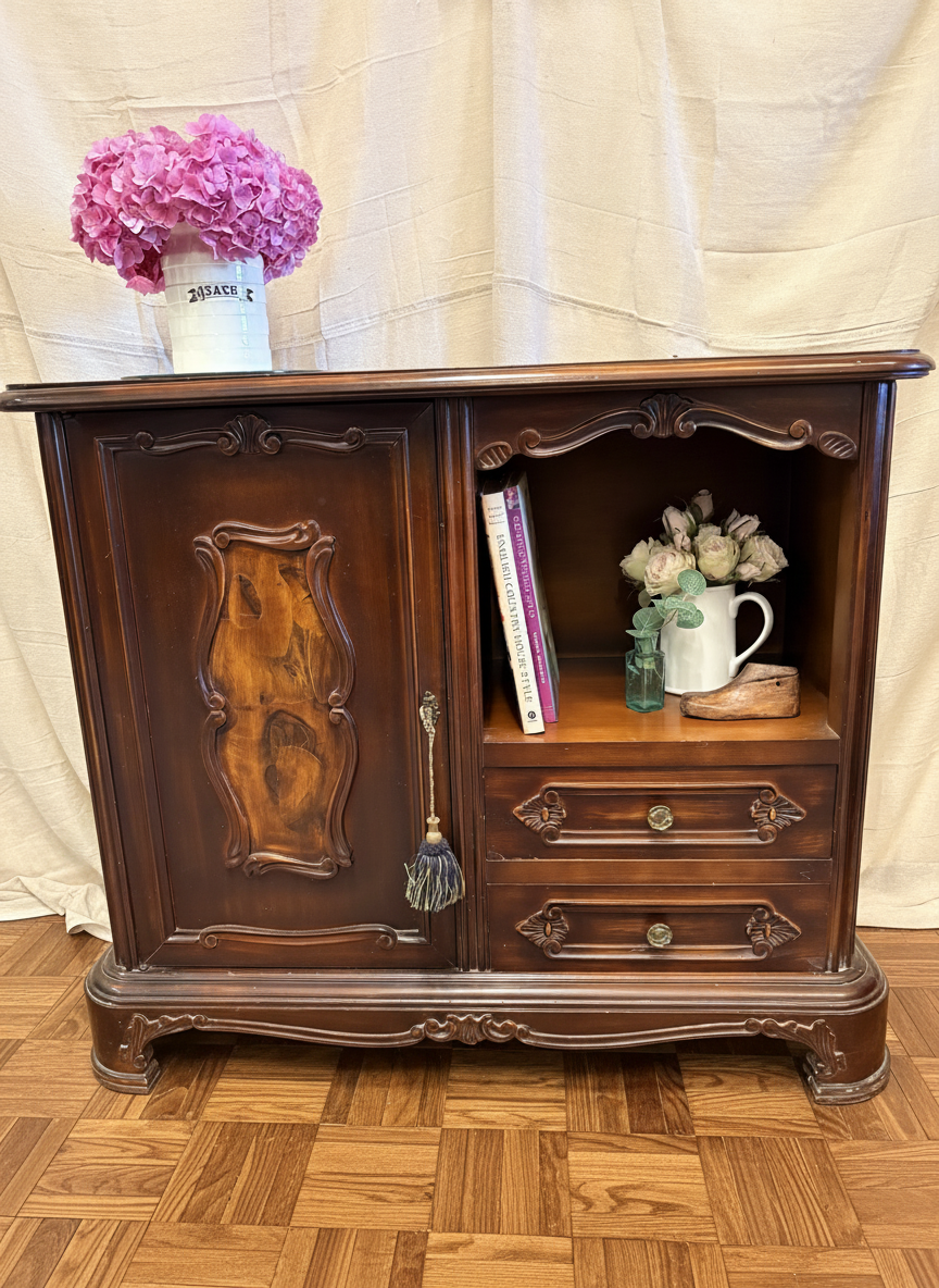 Vintage Carved Mahogany French Style Cabinet Storage Sideboard