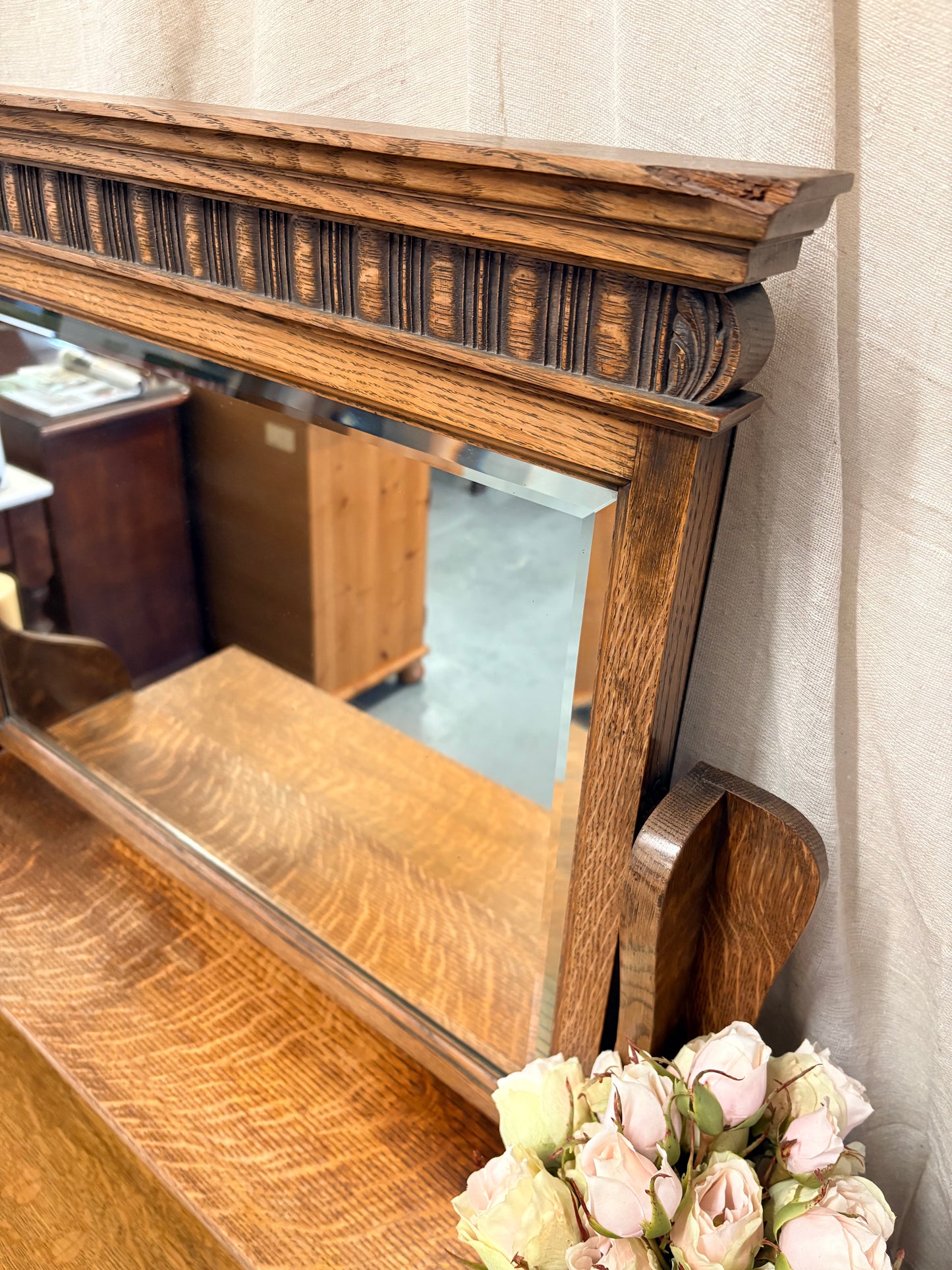 Antique Edwardian Oak Dressing Chest of Drawers with Mirror