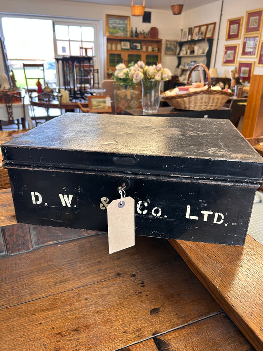 Vintage Black metal solicitors deed box with key initials great item