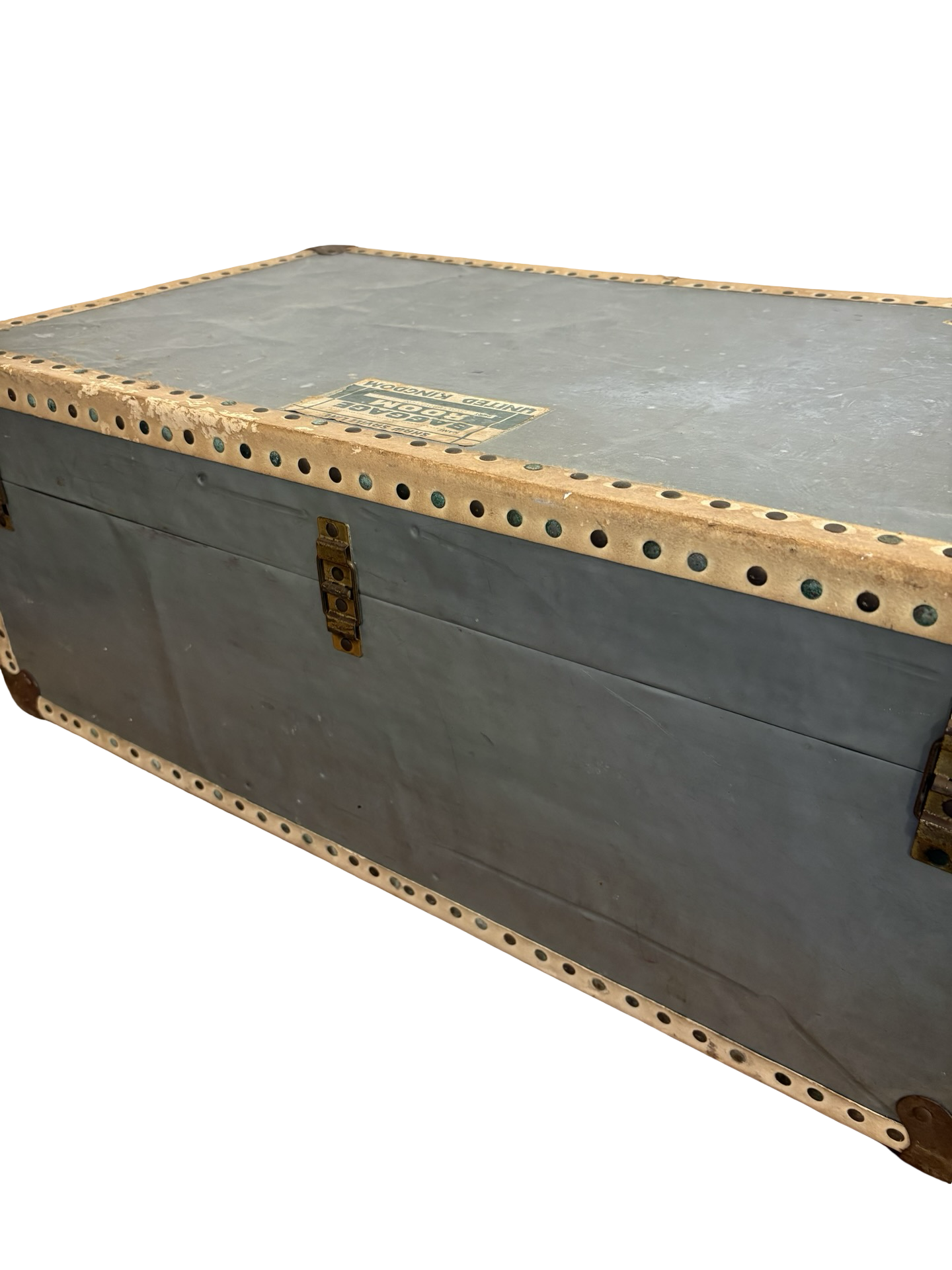 Vintage travel trunk with old labels fab coffee table / storage clean inside