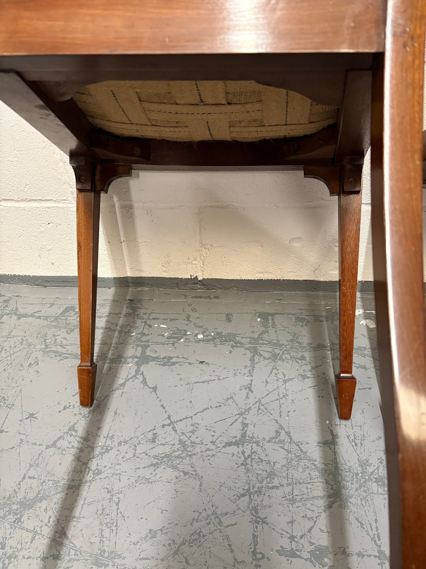 Two Beautiful inlaid mahogany bedroom / side chairs with marquetry panel, needlework seats