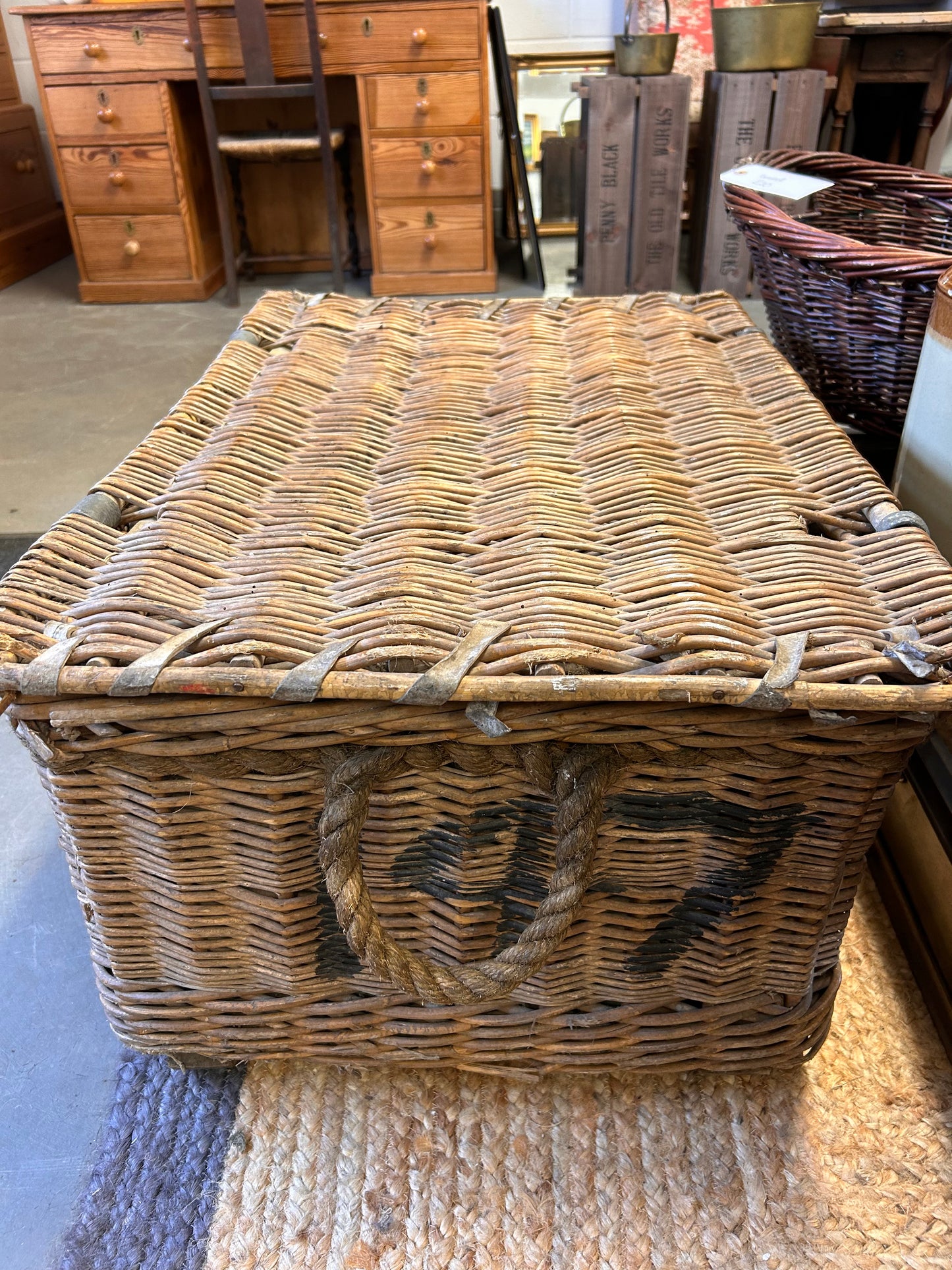 Early 19C Large Old Antique Laundry basket metal clasps canvas lined