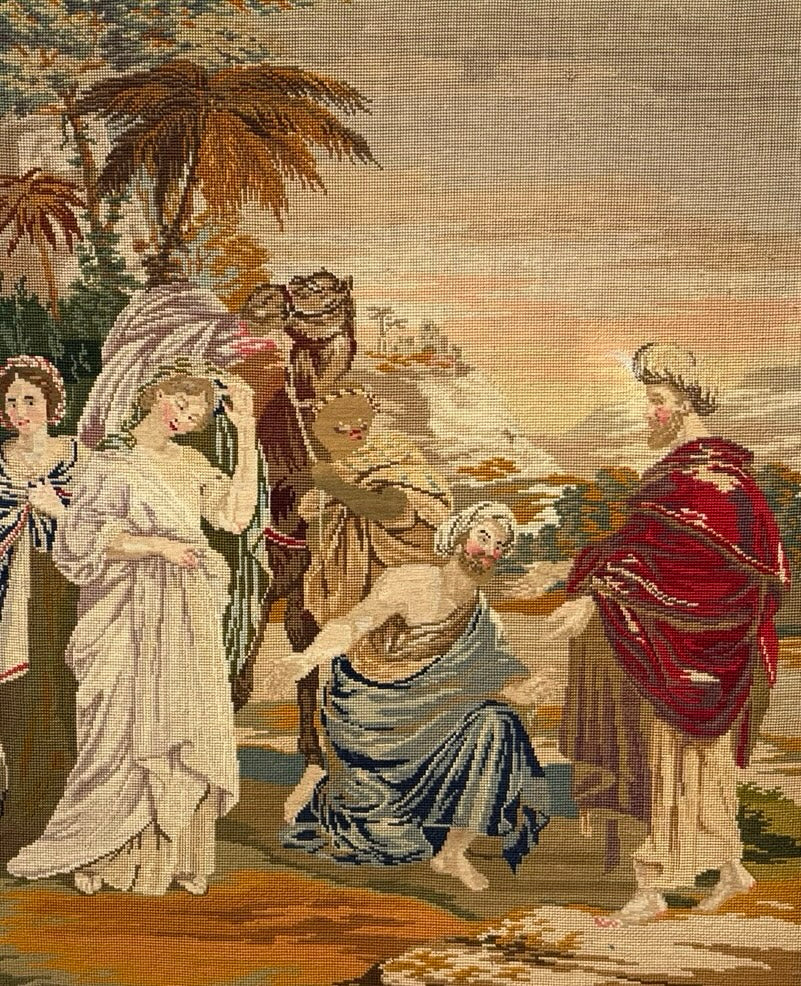 Impressive Large 19th Century Needlepoint Tapestry Biblical Religious scene Gilt Frame