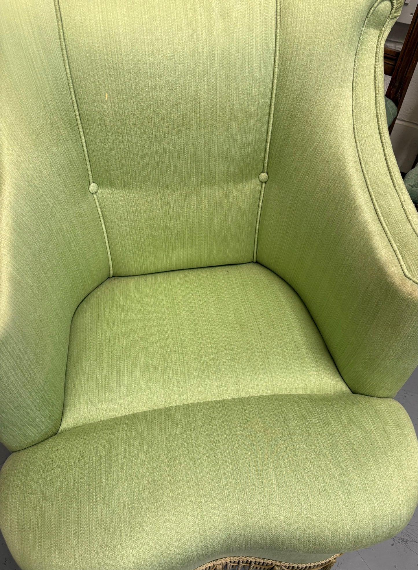 Mid century French pale Green upholstered tassel trimmed boudoir bedroom chair ￼