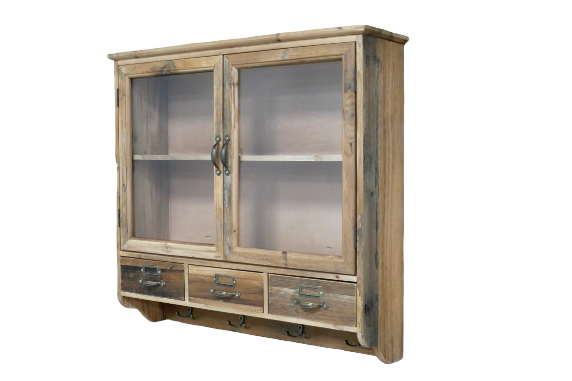 Modern Country Farmhouse Wood Wall Cupboard Drawers & Hooks