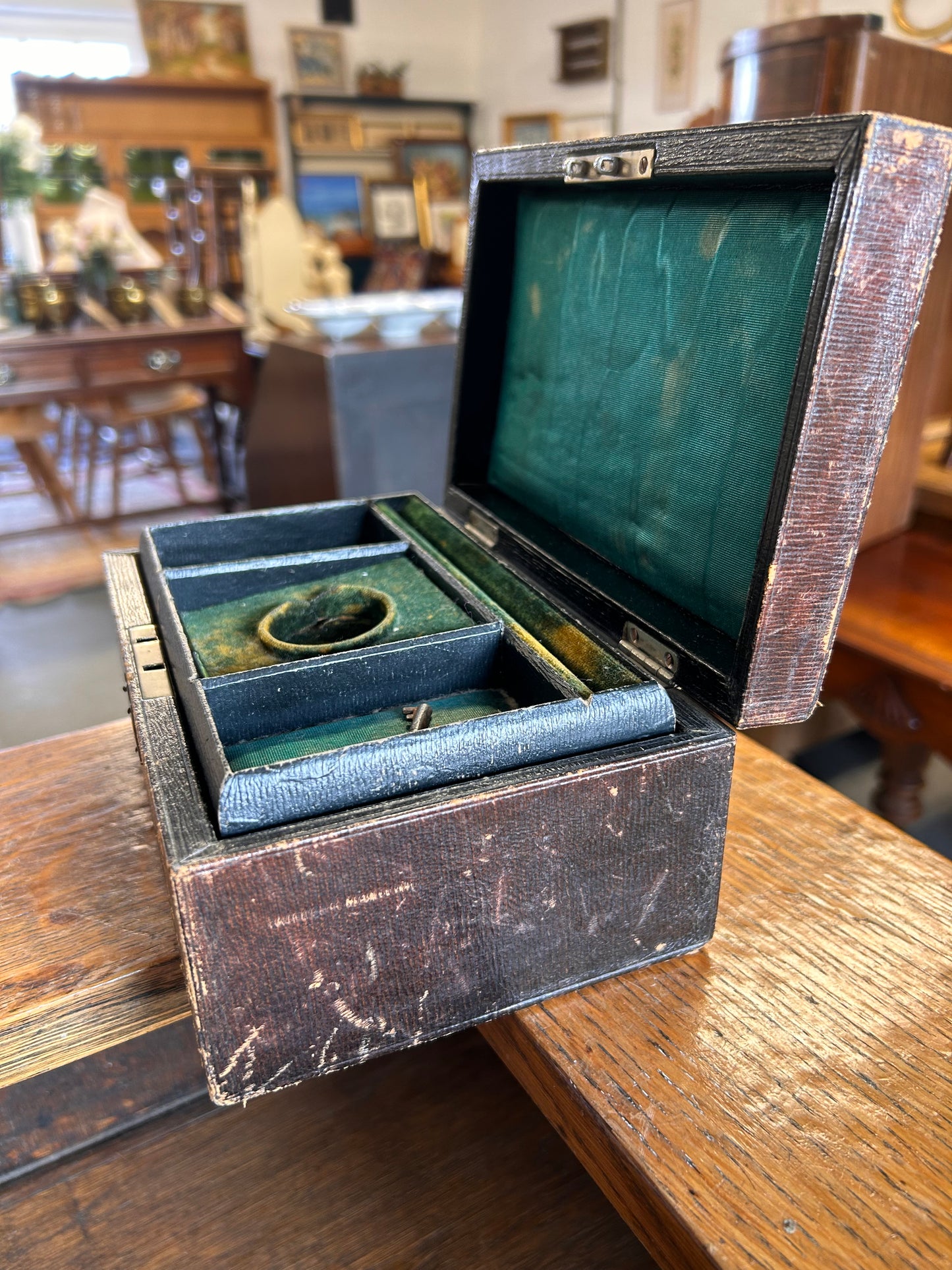 Beautifully faded and worn Victorian jewelry box lined in silk