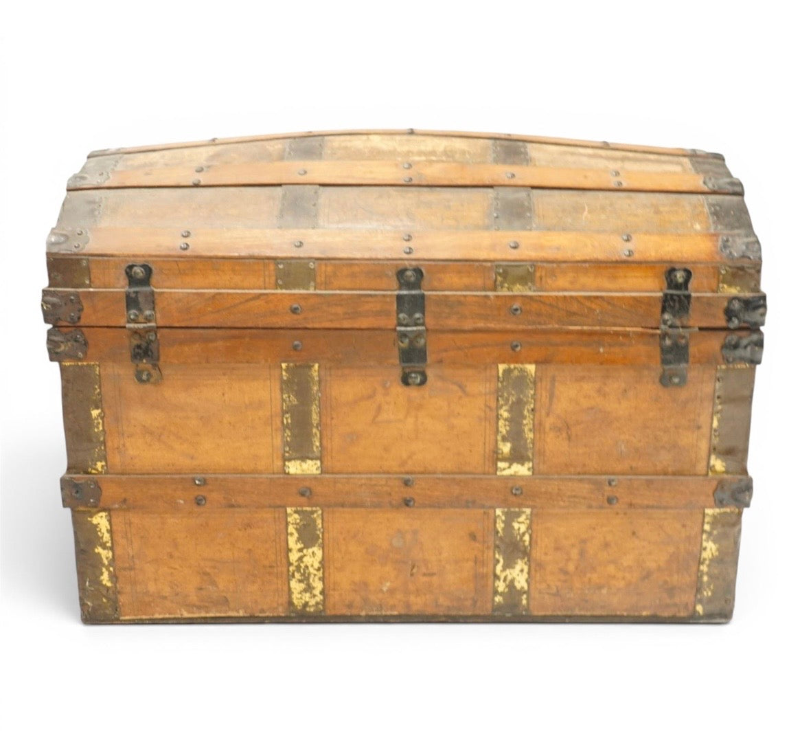 Antique 19th century pine and metal bound travelling trunk - Unique Storage ￼