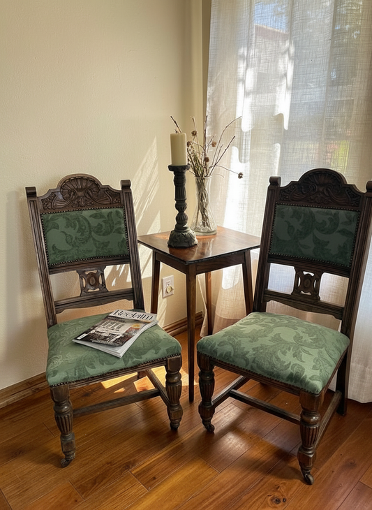Pair of Green Damask fabric covered carved Victorian chairs