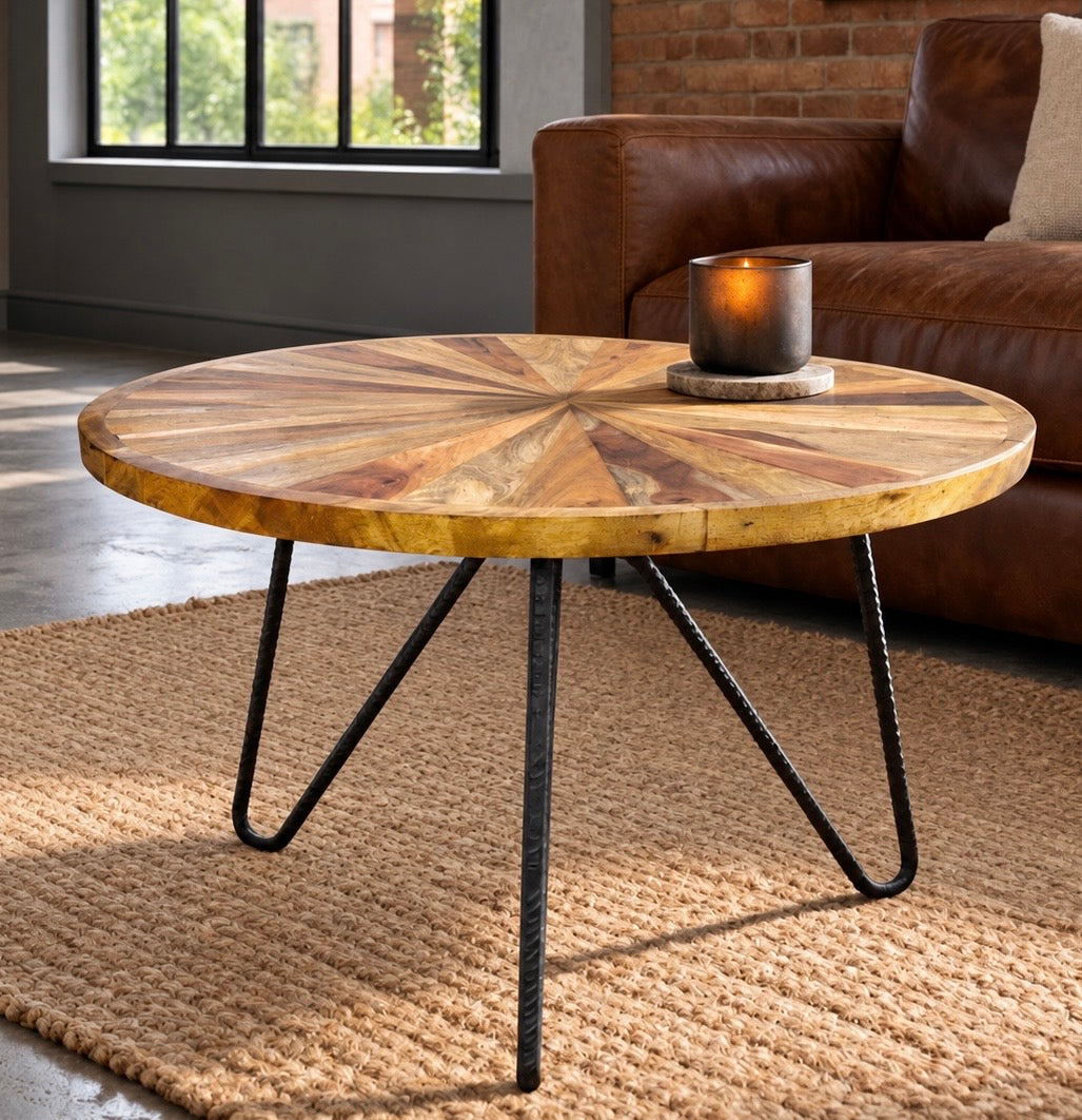 Circular Natural Rustic Wooden Acacia wood coffee table Hairpin legs with geometric design