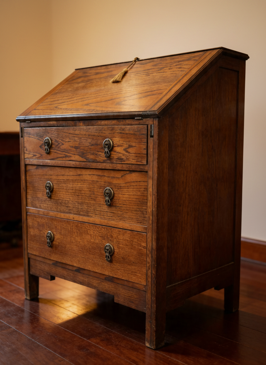 Early 20th Century Vintage Fold down Oak bureau writing desk drawers & key
