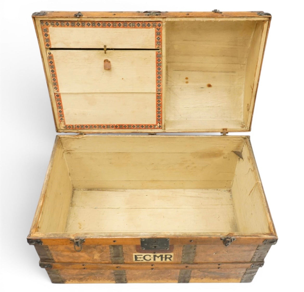 Antique 19th century pine and metal bound travelling trunk - Unique Storage ￼
