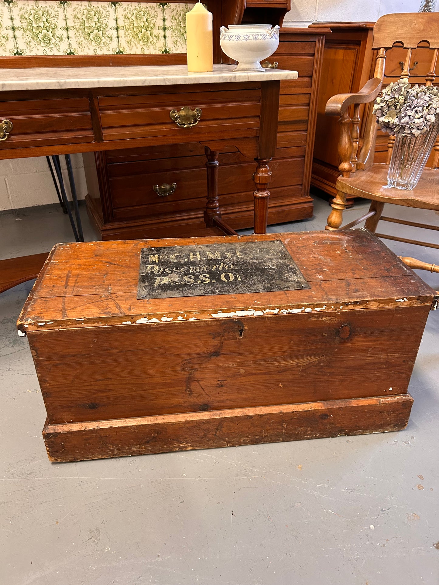 Amazing antique ship’s passenger travel trunk great coffee table or storage