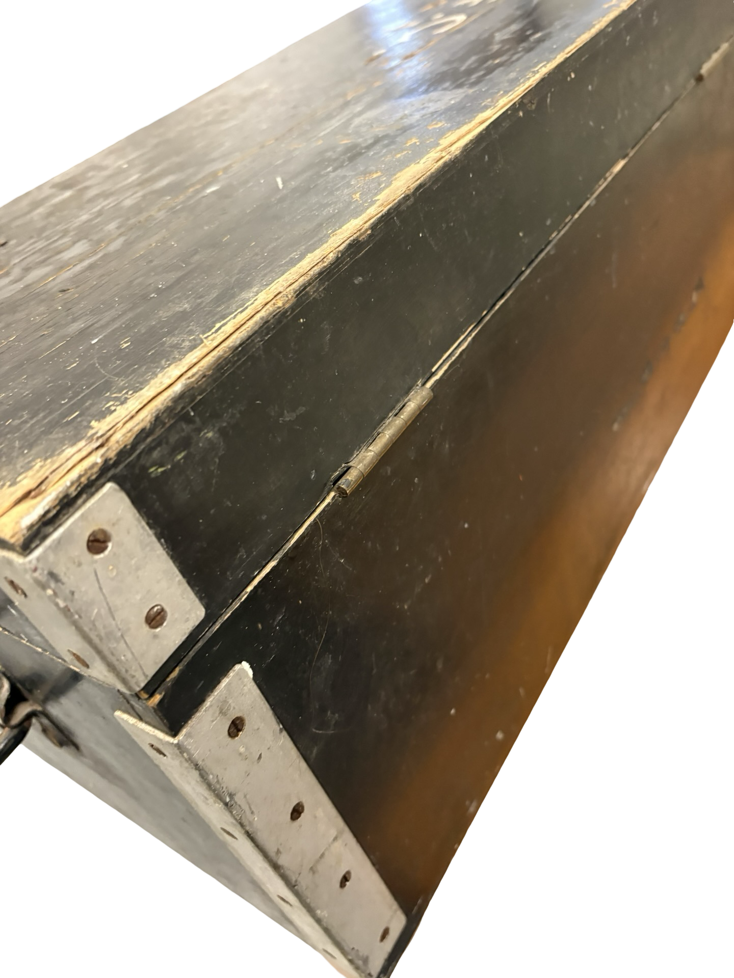 Black vintage wooden carpenters tool chest great side table / storage