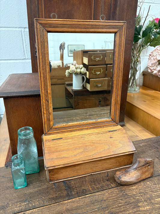 Antique Edwardian Oak Hallway Valet Wall Mirror with Glovebox