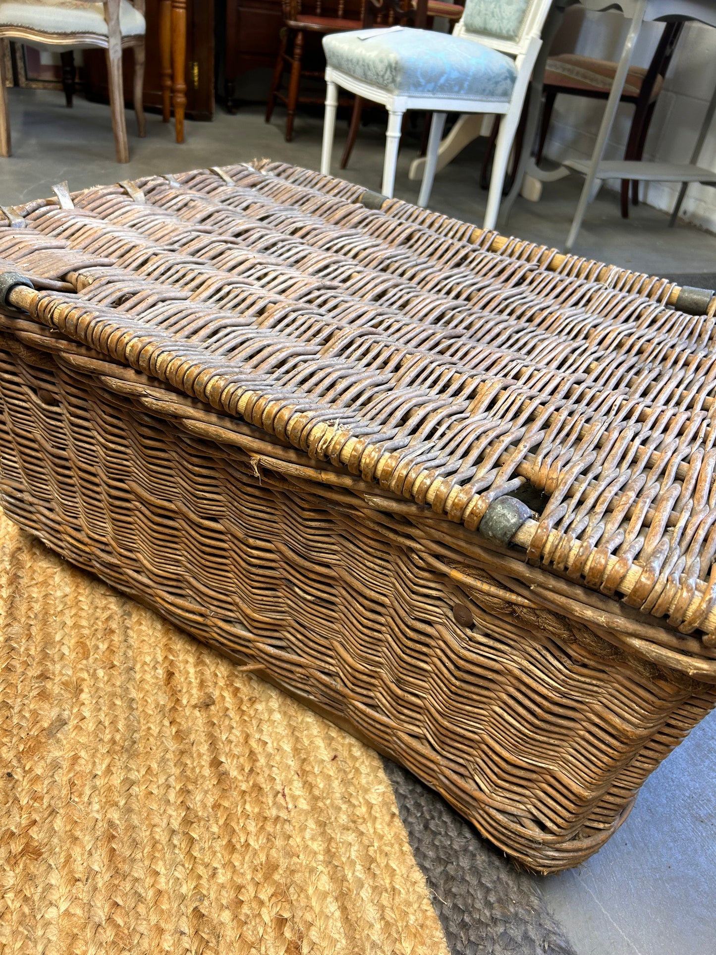 Early 19C Large Old Antique Laundry basket metal clasps canvas lined