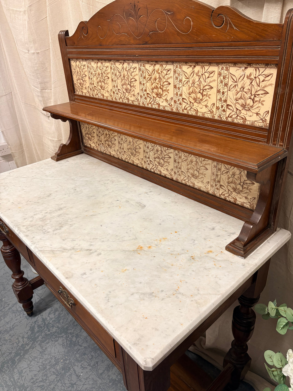 Country House Antique Marble top & Tiled back Washstand Side Console Table