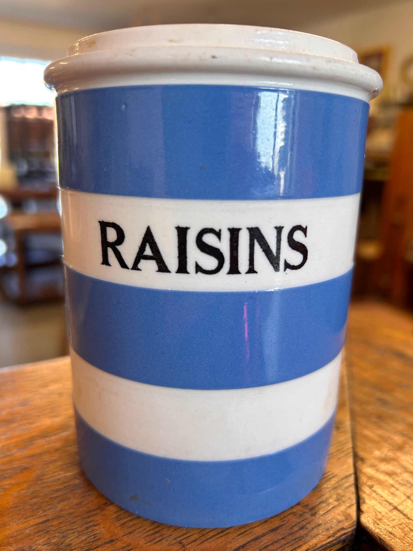 TG Green Raisins canister no lid blue white stripe