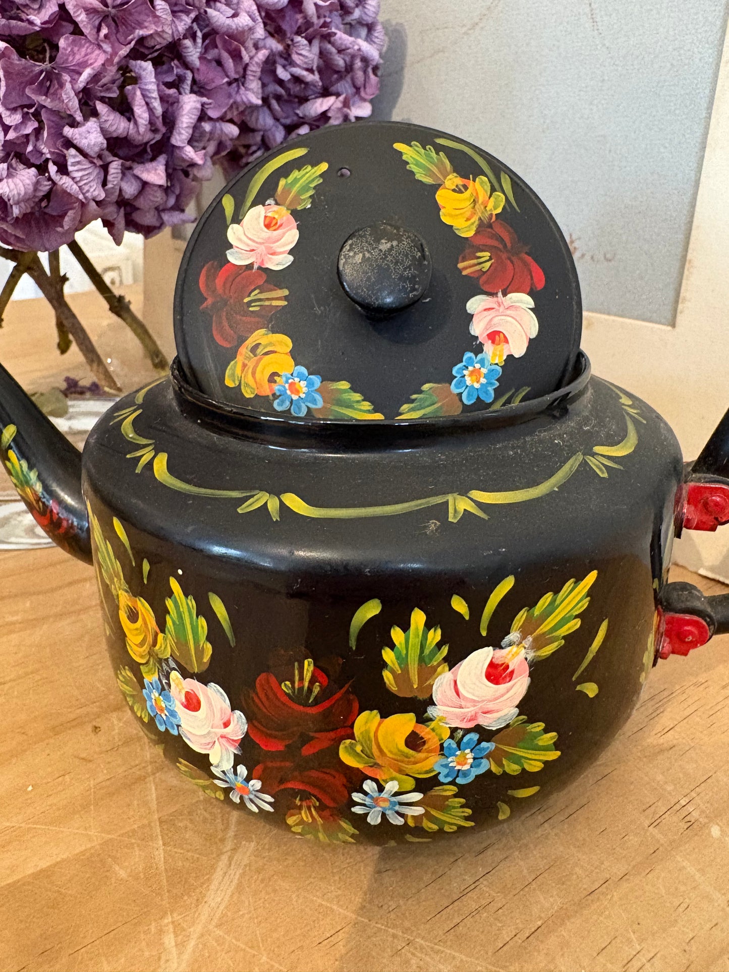 Vintage hand painted metal teapot folky colourful bargeware look
