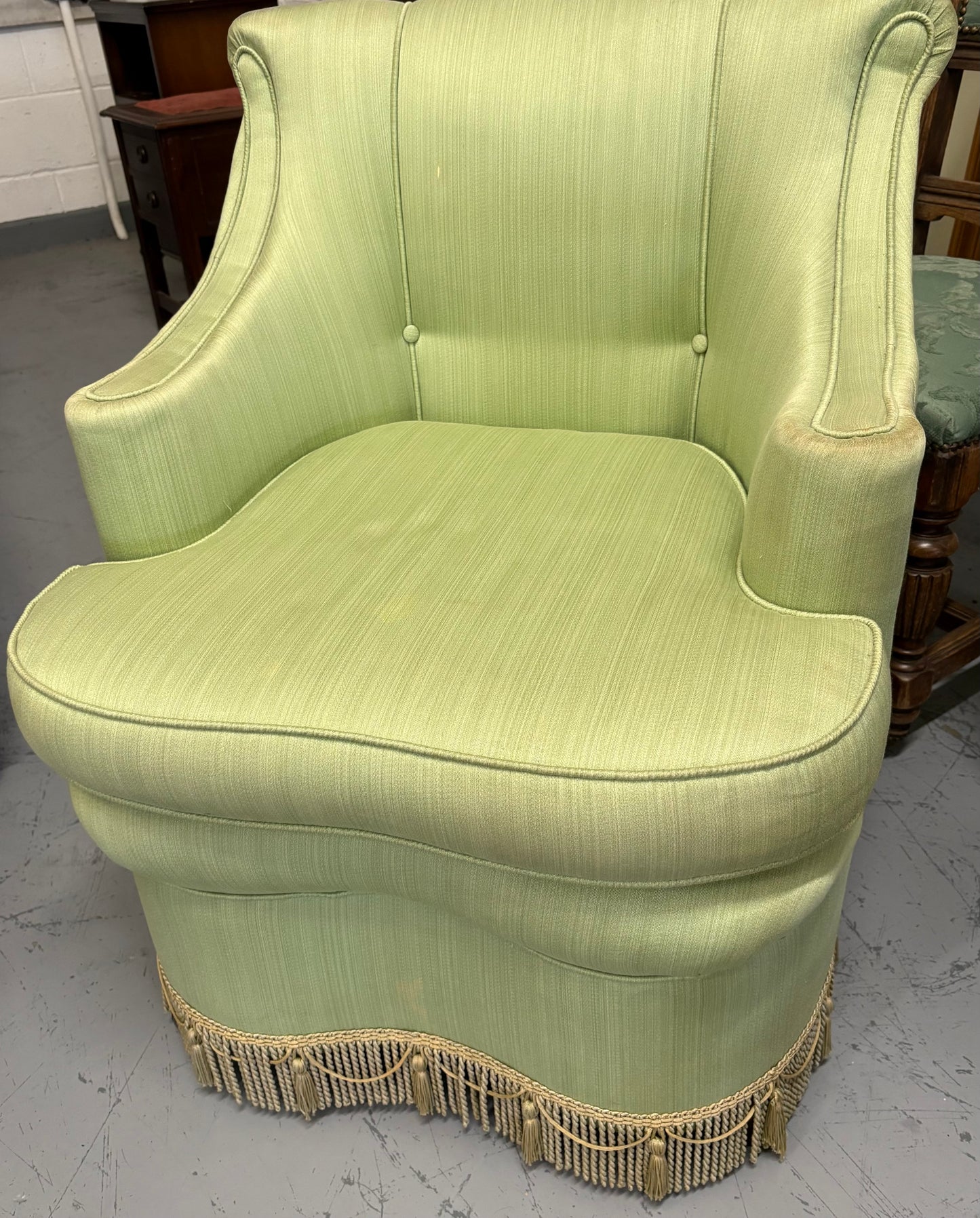 Mid century French pale Green upholstered tassel trimmed boudoir bedroom chair ￼
