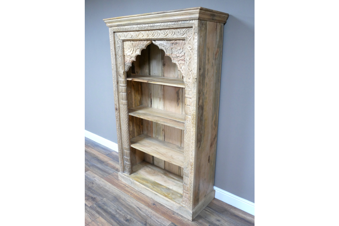 Bohemian Style Carved Light Wood Open Bookcase Decorative Design Shelves