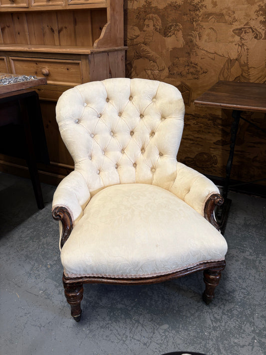 An Cream upholstered & carved Victorian mahogany Low Bedroom Chair