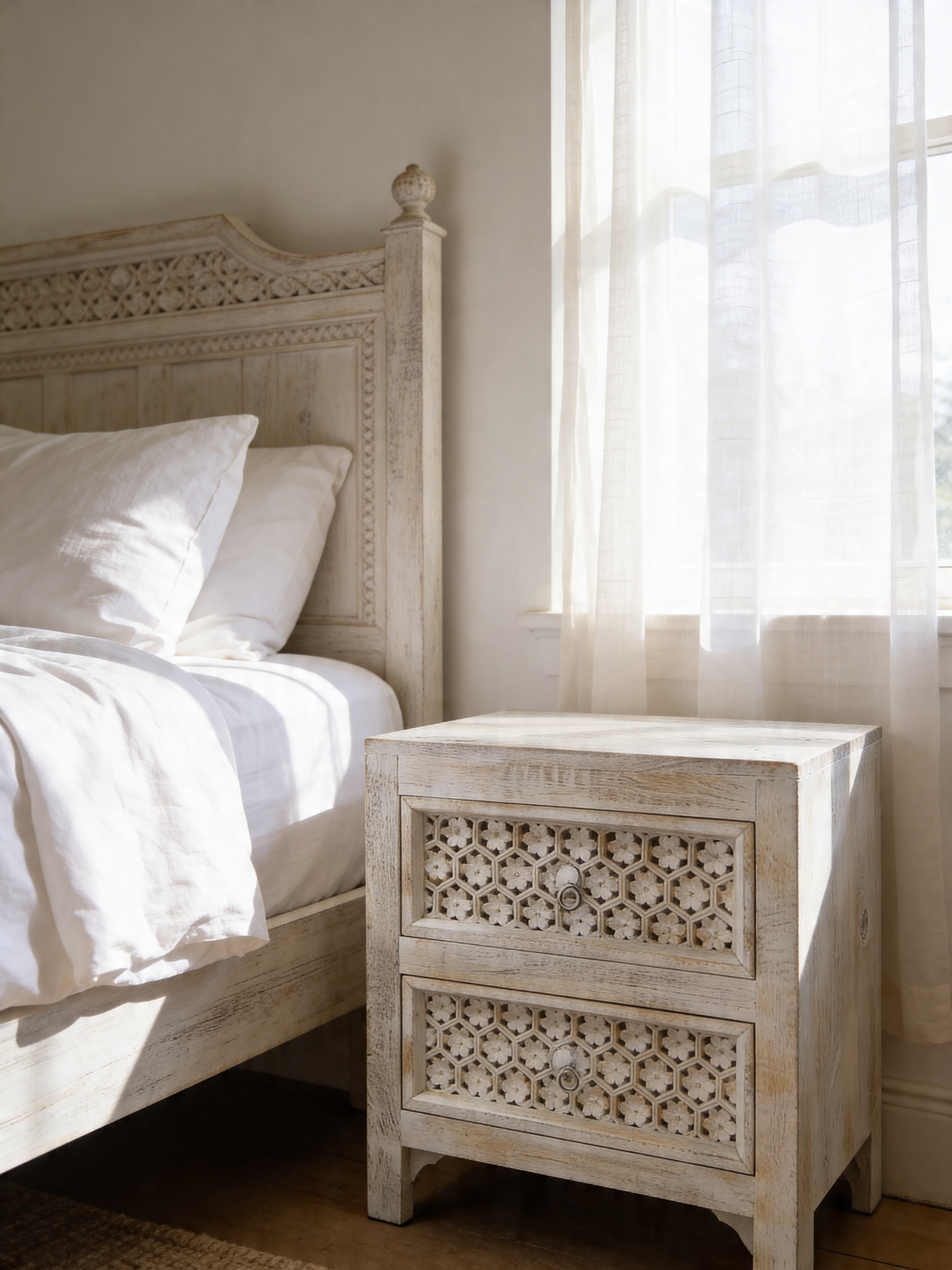White Floral Carved Wooden Bedside Drawers Table storage