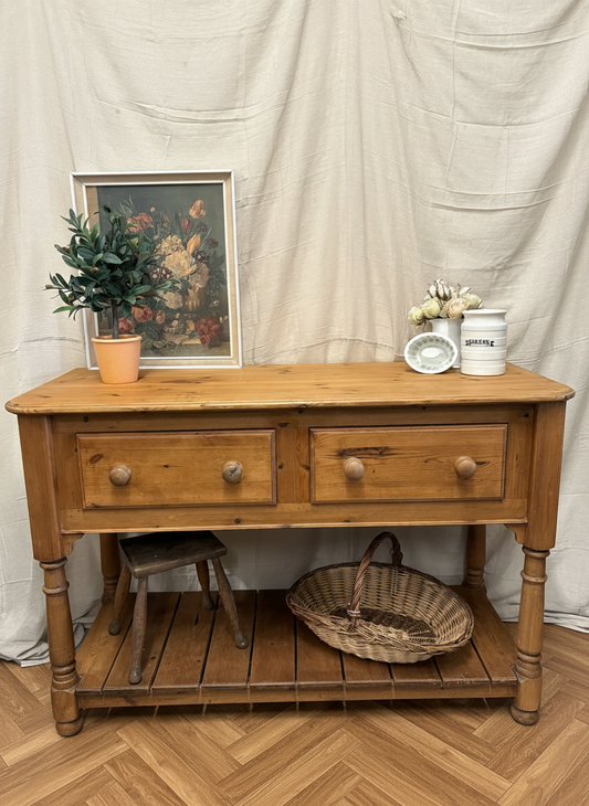 Large Vintage pine console table with under shelf - farmhouse country decor