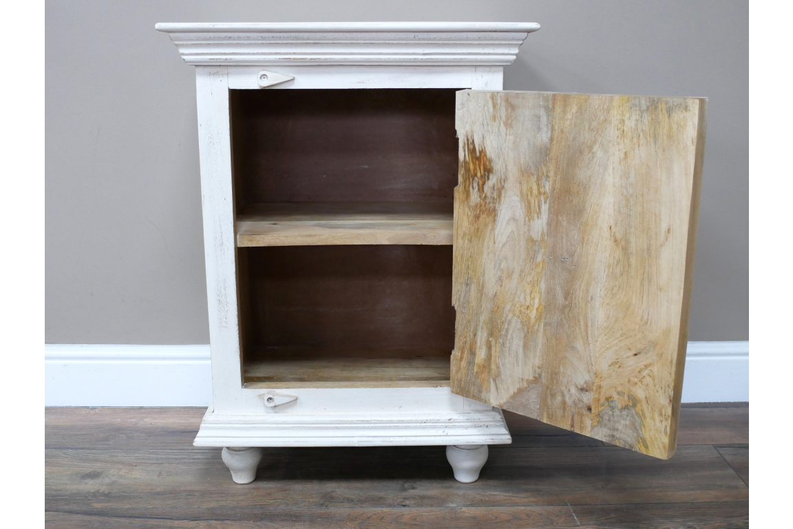 White Bohemian Carved Wooden Bedside Table cupboard storage