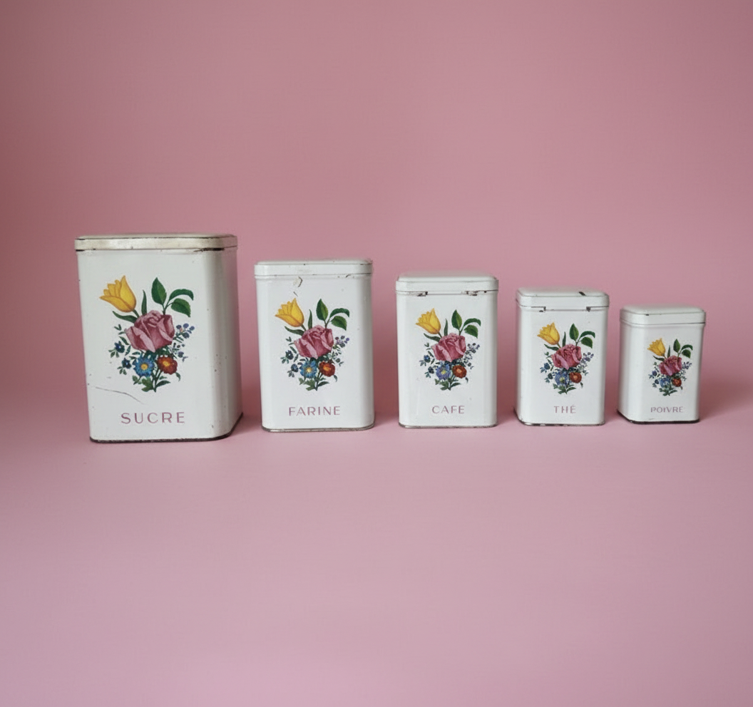 Set of 5 French Metal Storage Cannisters Floral Design 1920’s