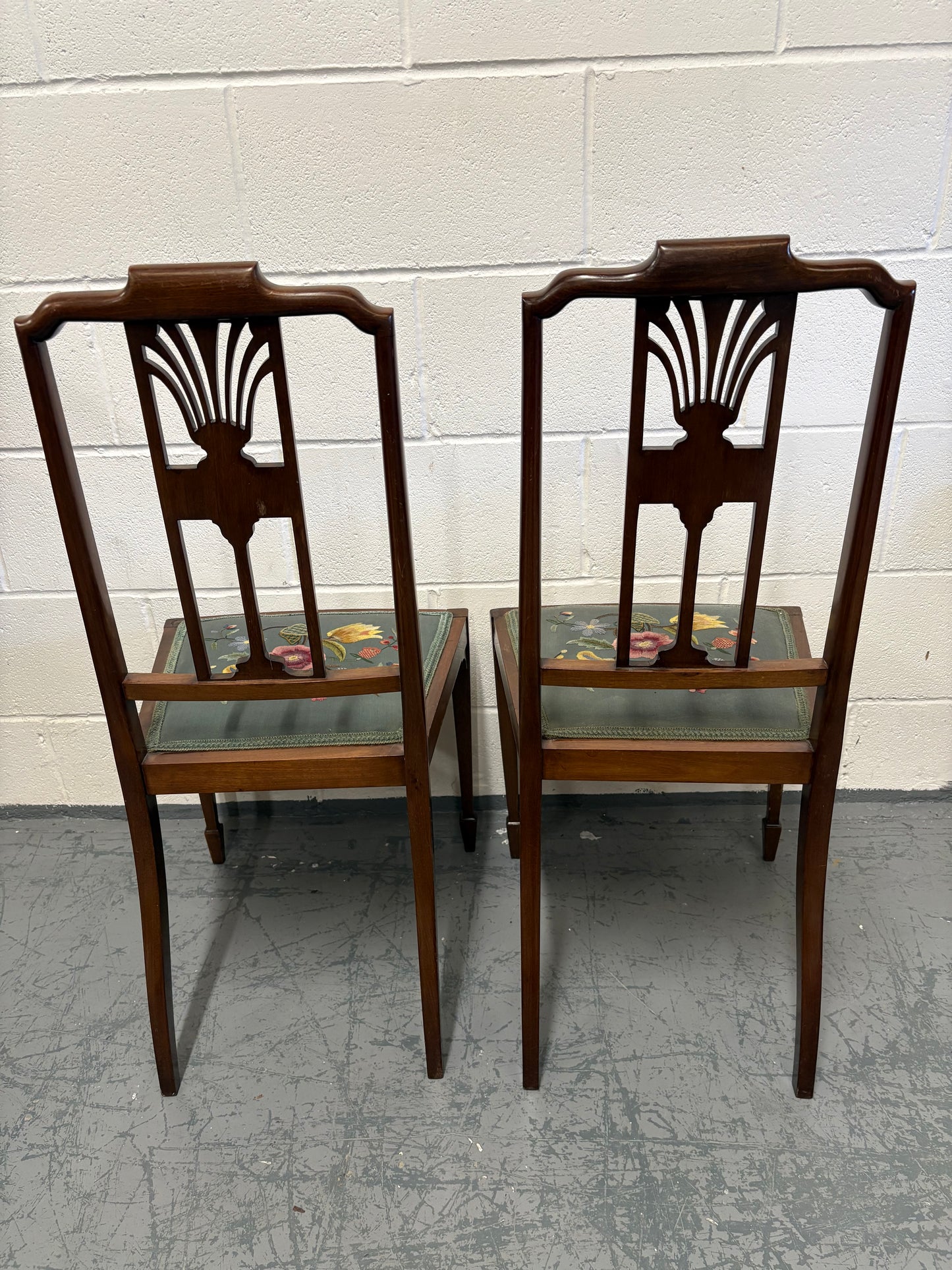 Two Beautiful inlaid mahogany bedroom / side chairs with marquetry panel, needlework seats