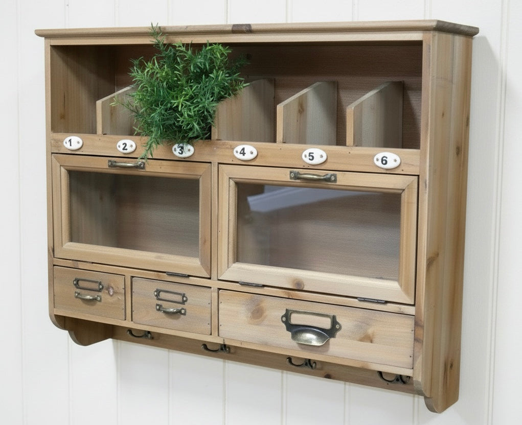 Country Farmhouse Wooden Wall Cabinet with Drawers & Hooks