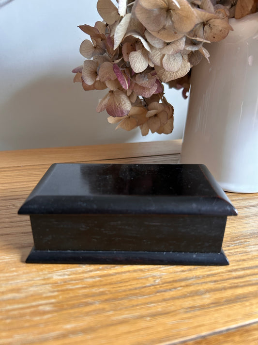 Small vintage black ebonised keepsake box silk lined yellow