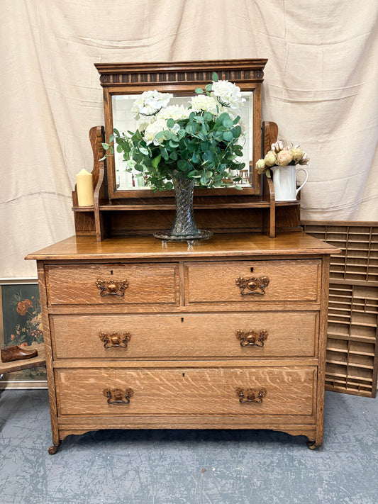 Antique Edwardian Oak Dressing Chest of Drawers with Mirror
