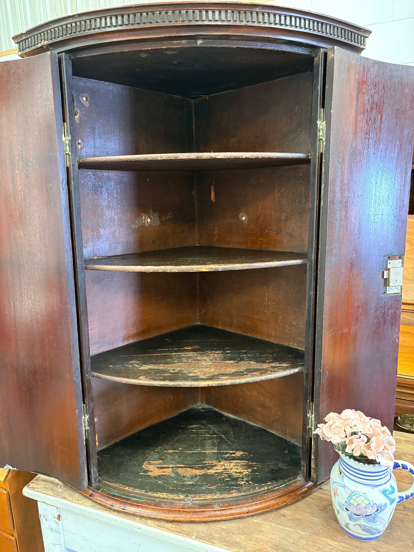 Antique Georgian Mahogany bow fronted  corner cupboard cabinet three shelves
