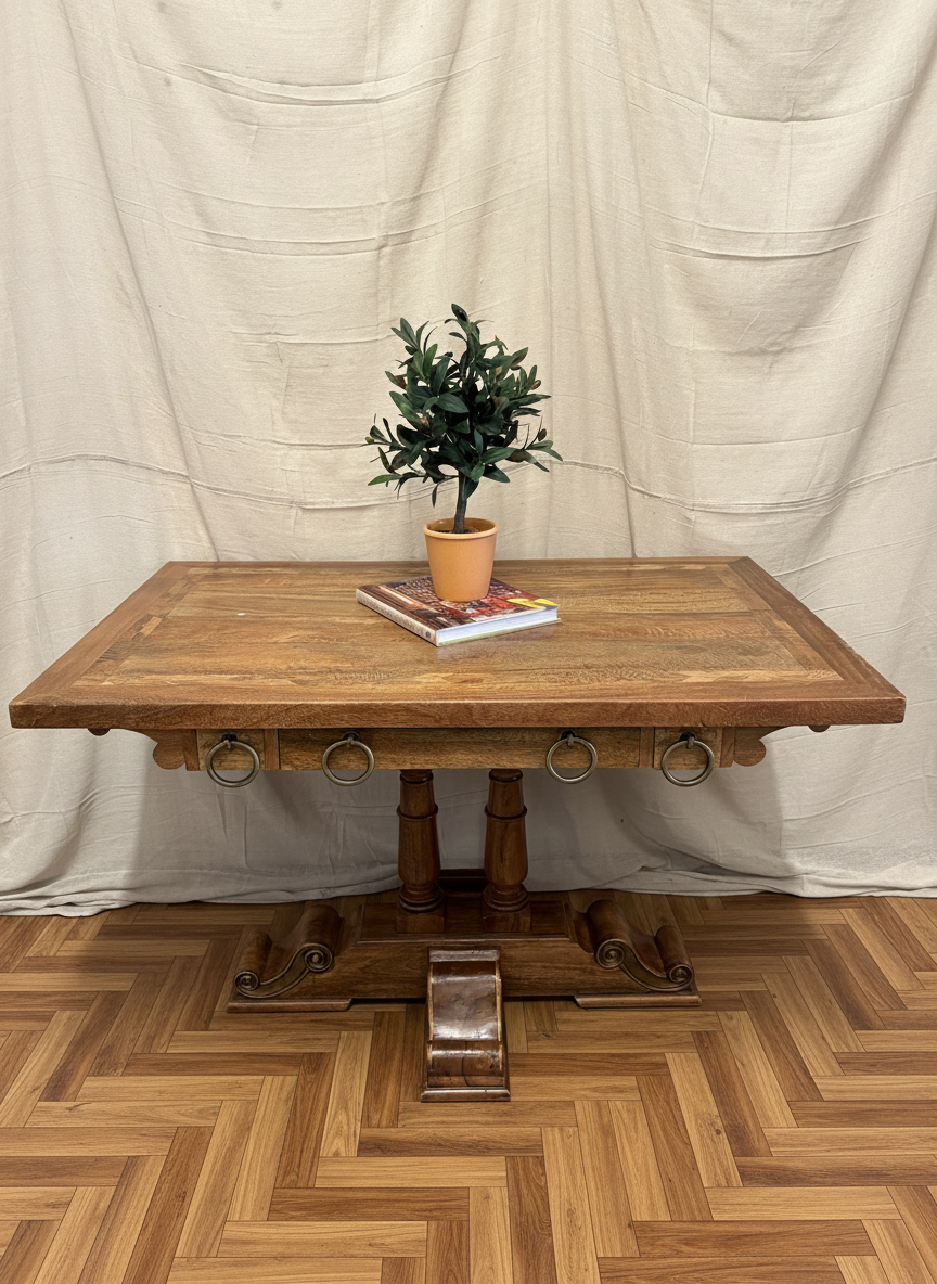 Quality made mango wood hall console table, three drawers with large hooped pulls & decorative base