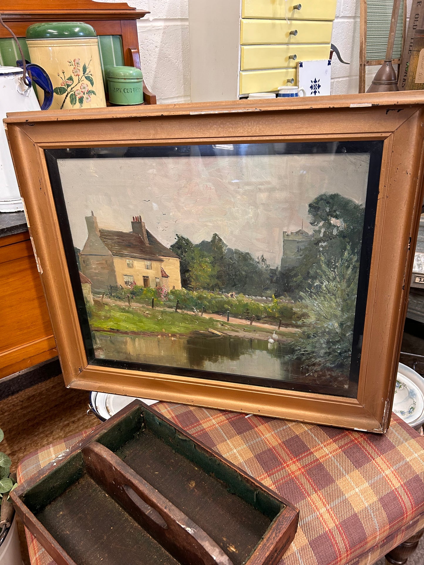 Antique Oil on Canvas Country Landscape scene Framed Glazed