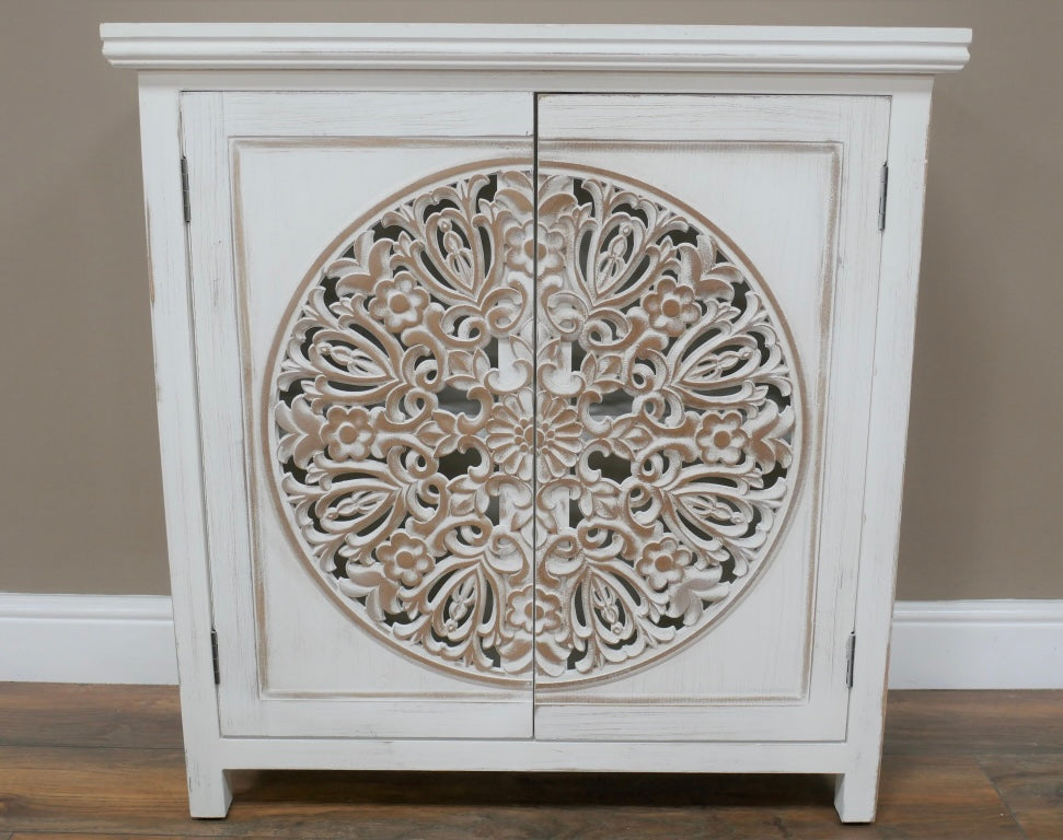 Eclectic Bohemian Style White Wooden Carved Cabinet Cupboard UK Delivery