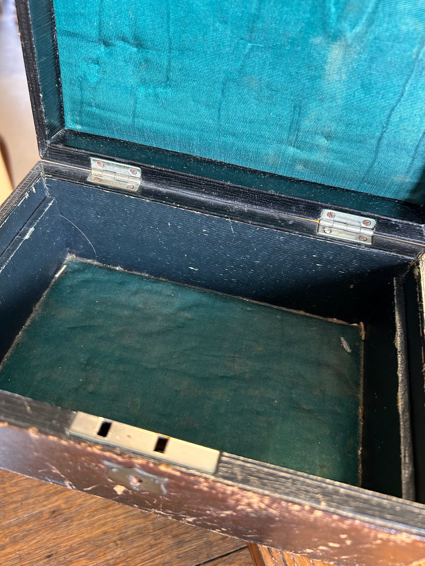 Beautifully faded and worn Victorian jewelry box lined in silk