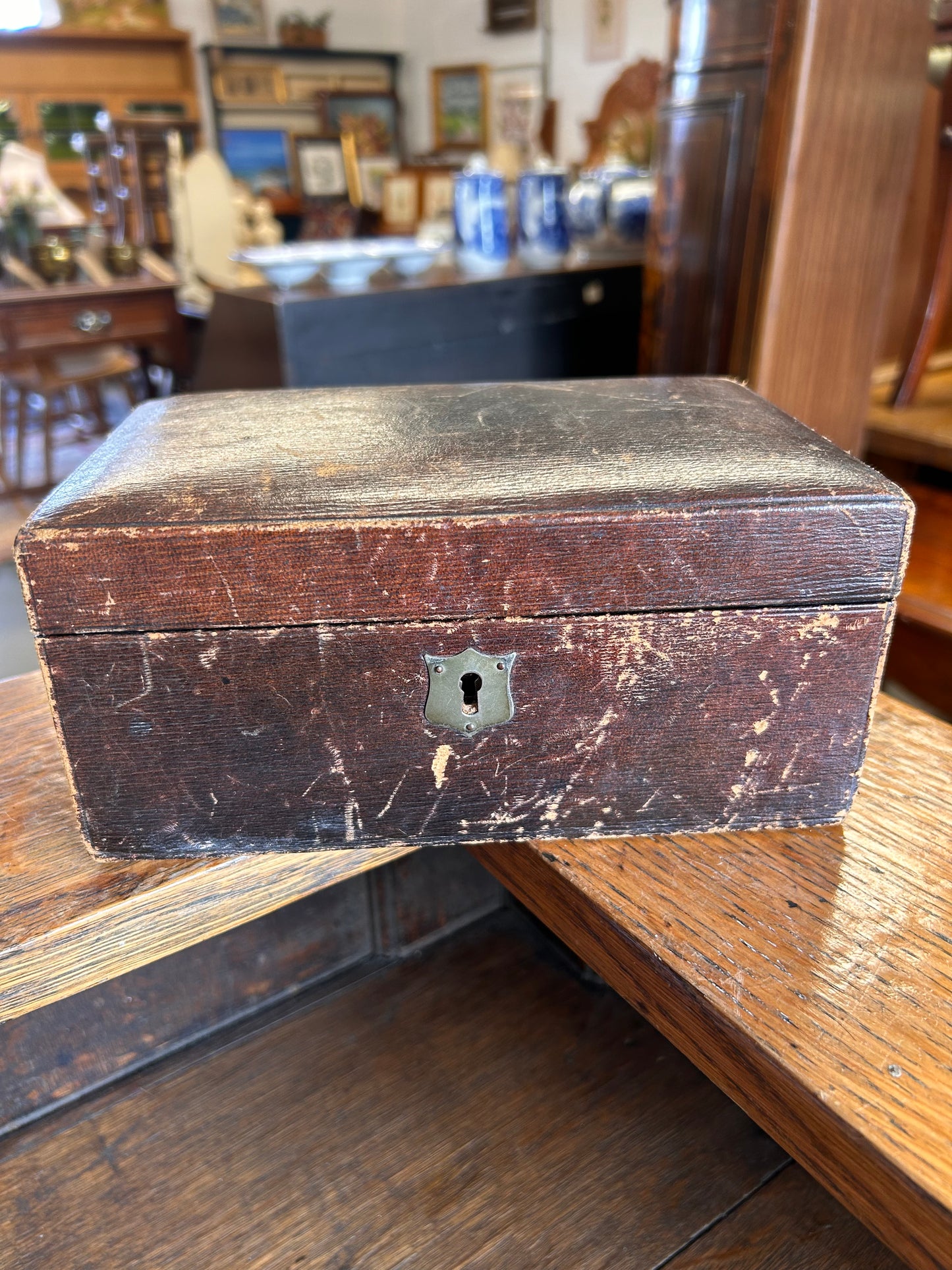 Beautifully faded and worn Victorian jewelry box lined in silk