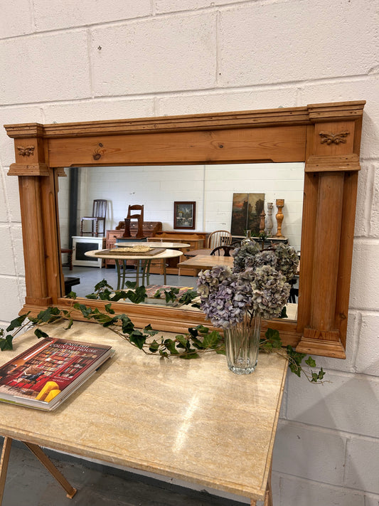 Large Vintage Pine overmantle mirror with Acorn carvings and architectural look to frame design