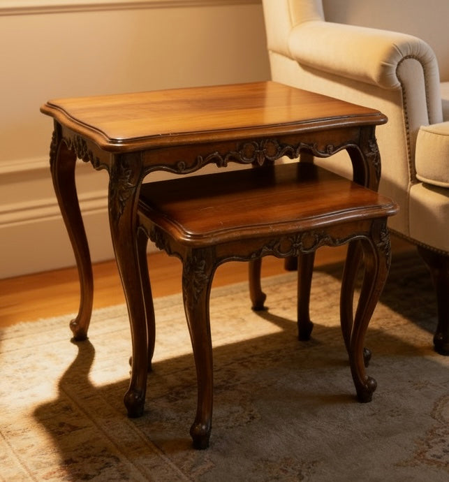 Pair of nesting Vintage French Carved side / living / lamp tables