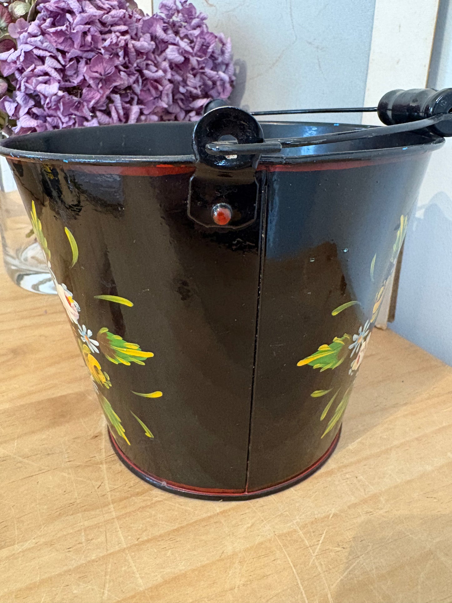 Vintage hand painted bucket design plant pot folky bargeware look