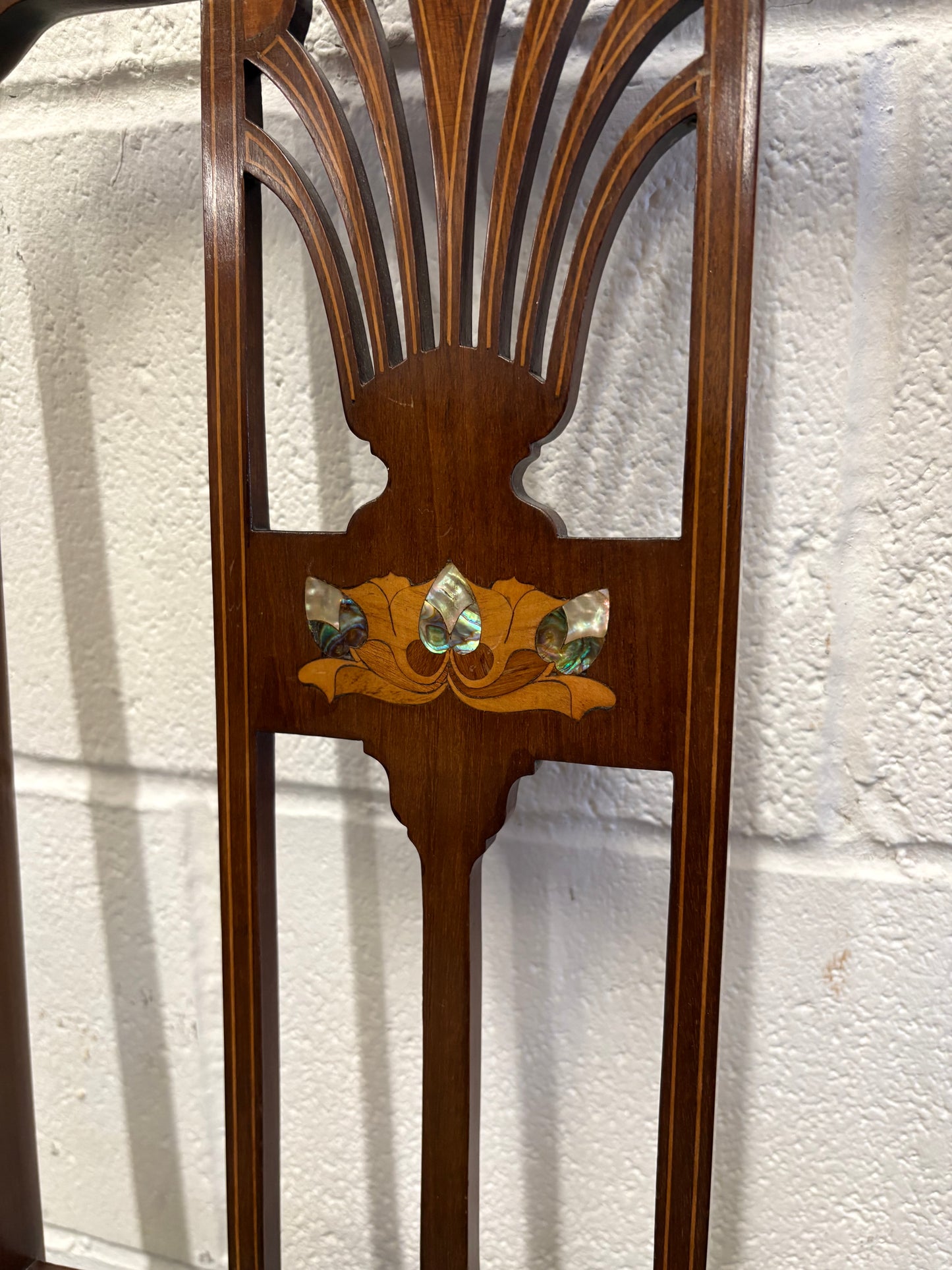 Two Beautiful inlaid mahogany bedroom / side chairs with marquetry panel, needlework seats