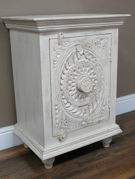 White Wooden Bedside Cabinet in an Eclectic Bohemian  Style